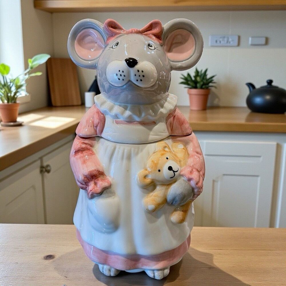 House of Lloyd Vintage 1990 Melinda‎ Mouse Holding Teddy Bear Ceramic Cookie Jar